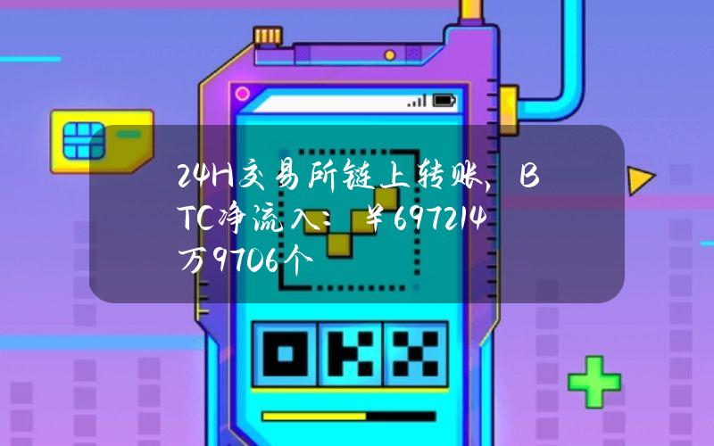 24H交易所链上转账，BTC净流入：￥6972.14万（97.06个）