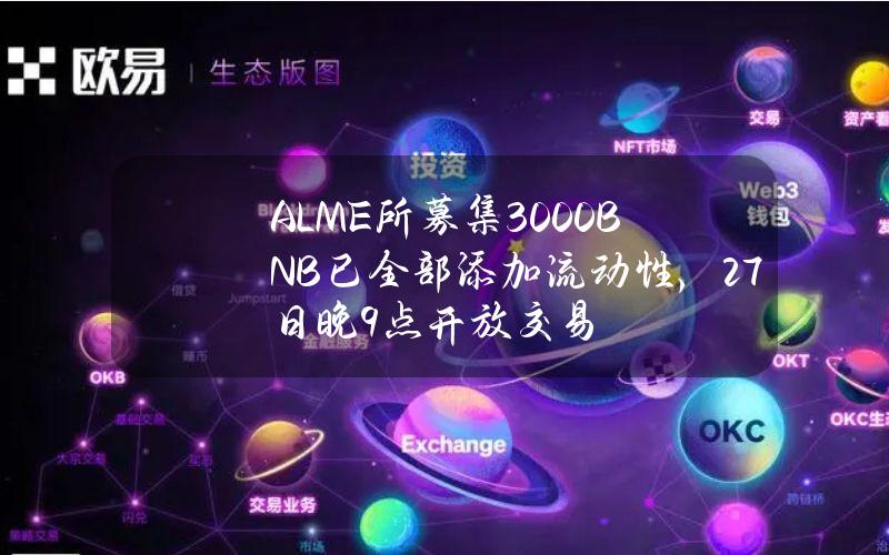 ALME所募集3000BNB已全部添加流动性，27日晚9点开放交易